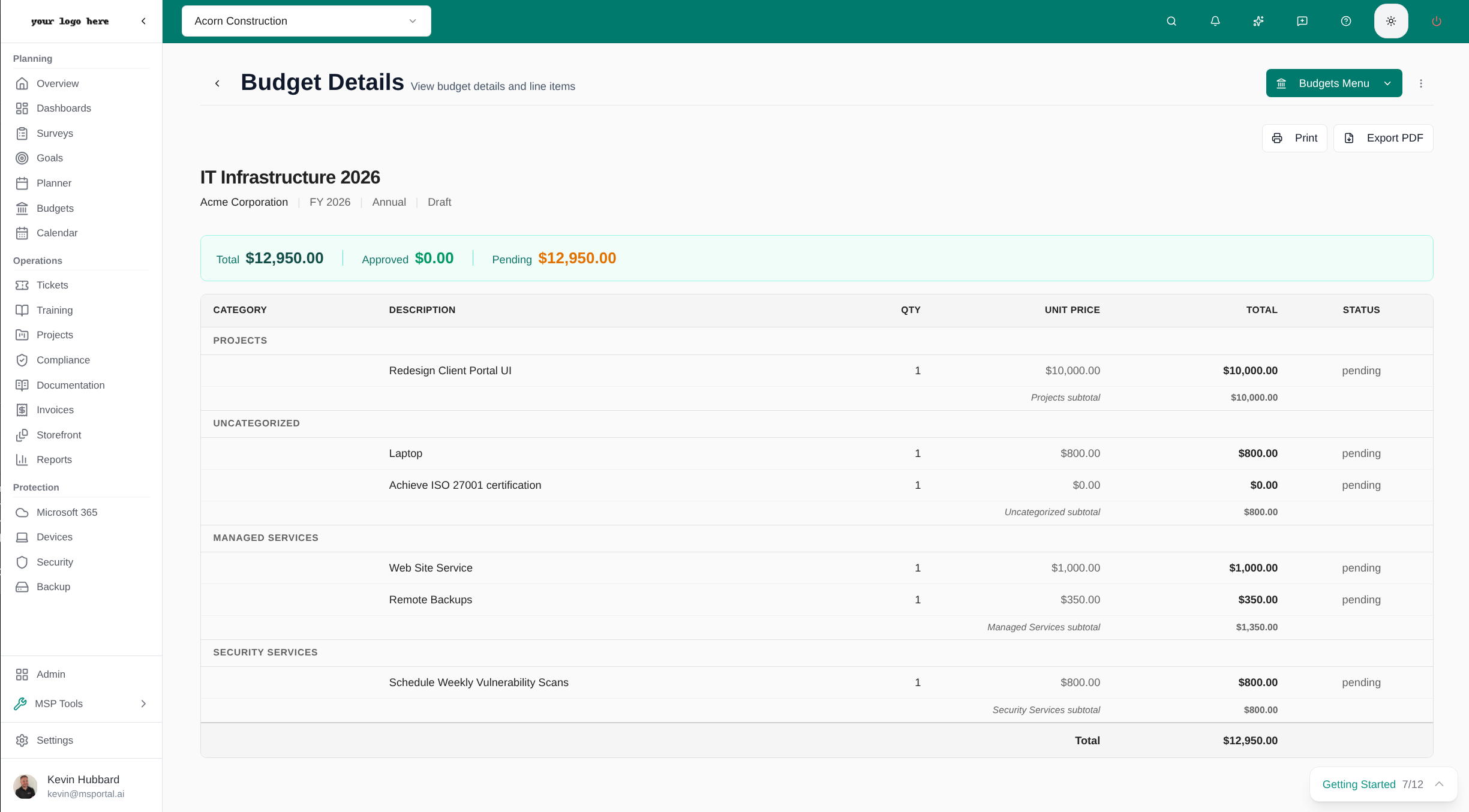 MSPortal budget view mode with spending overview