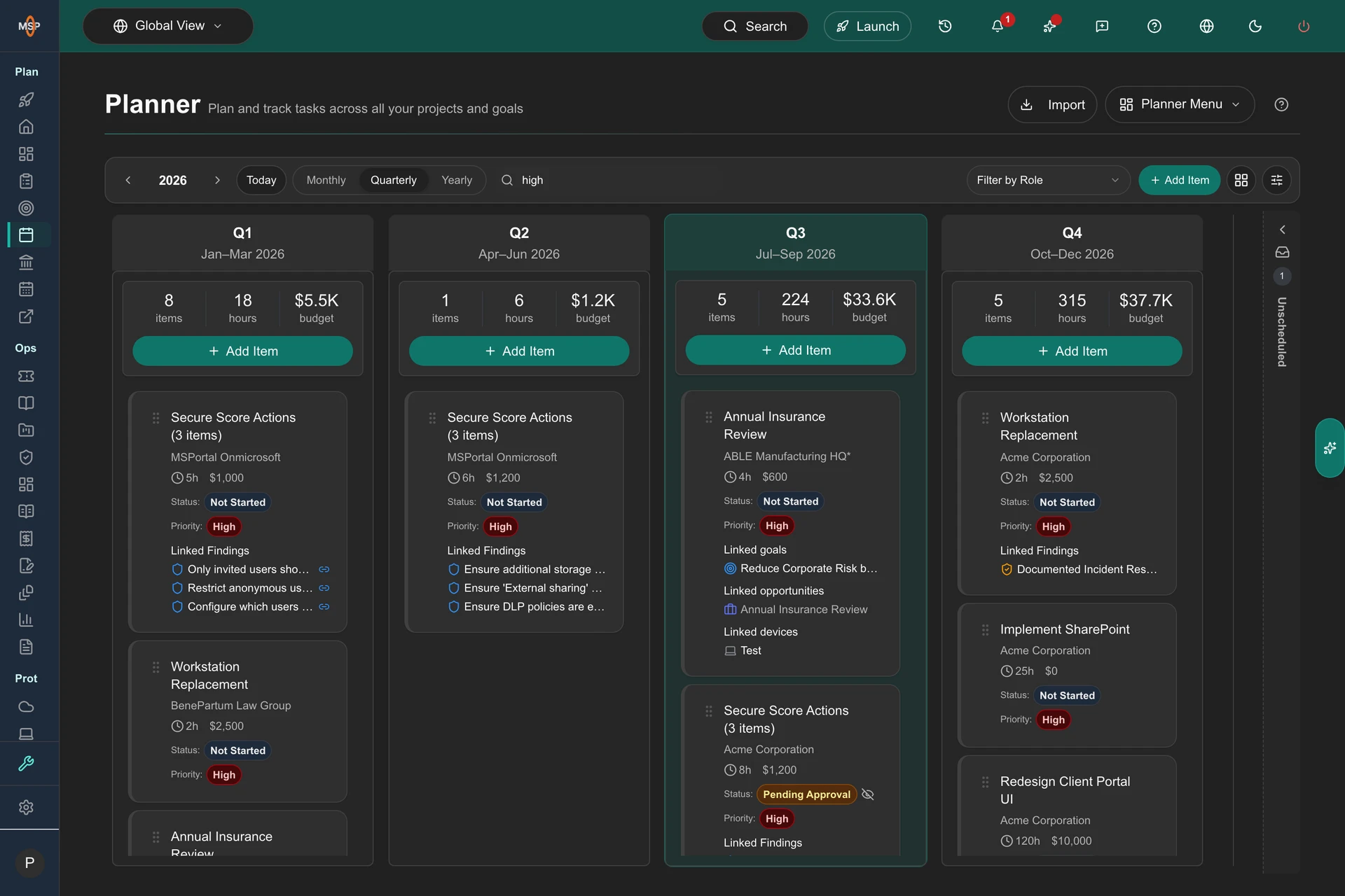 MSPortal planning workspace showing a client roadmap, priorities, and scheduled initiatives.